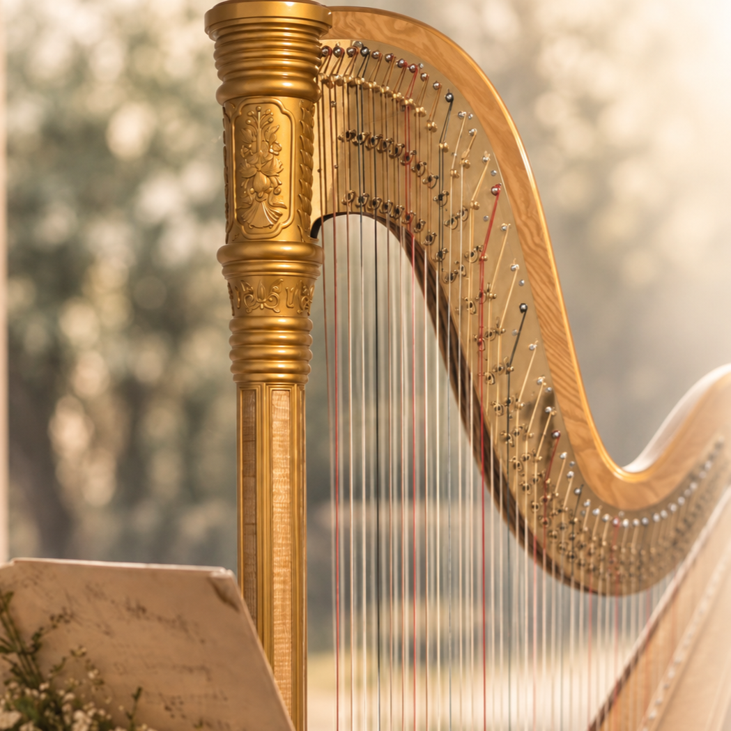 Close-up of a gold concert harp and music stand outdoors