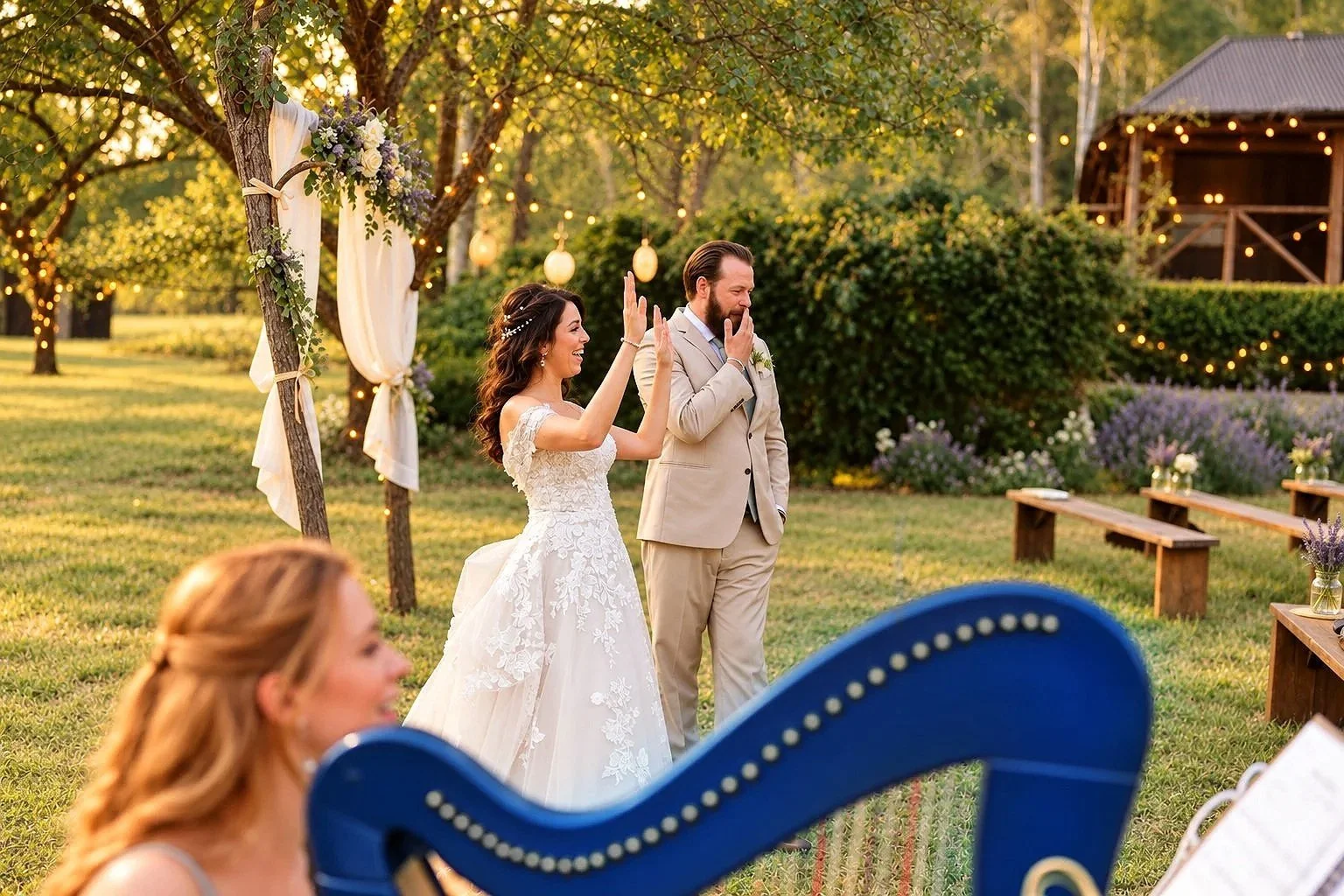 Newlyweds waving during an outdoor vineyard ceremony with a blue harp in the foreground