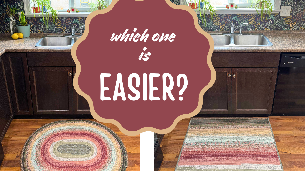 right side shows an oval shaped jelly roll rug in a brown kitchen, left side shows the same colored rug, but in a rectangle shape, title in middle reads: which one is easier?