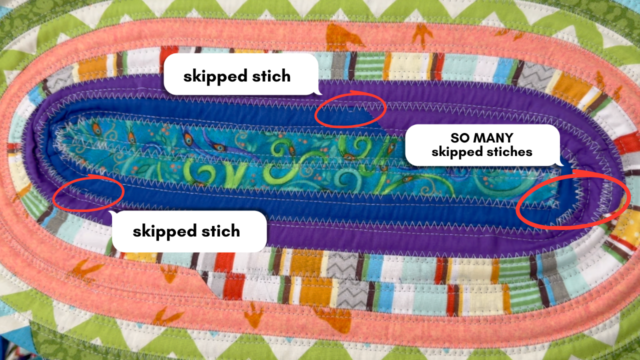close up of colorful jelly roll rug and the skipped zig zag stitches