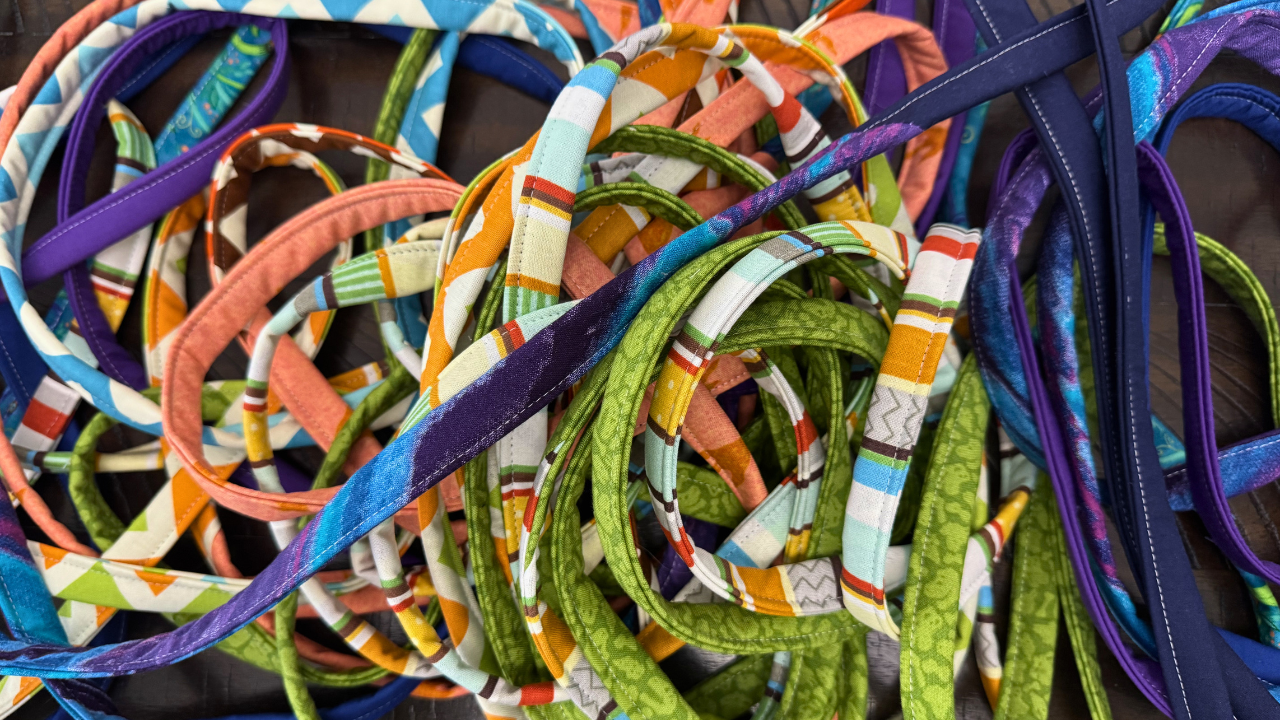 close up of a bright pile of the finished tube for jelly roll rug