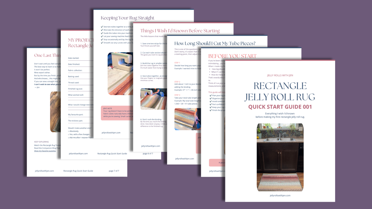 Layout of all the pages for the Quick Start Guide PDF for Rectangle Jelly Roll Rug