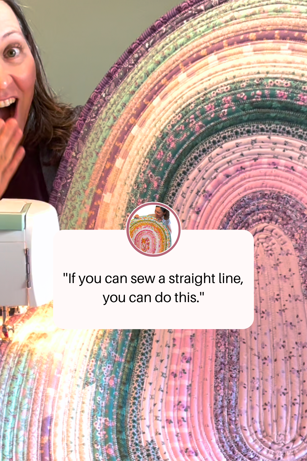 woman with surprised expression holding up a colorful Jelly Roll Rug