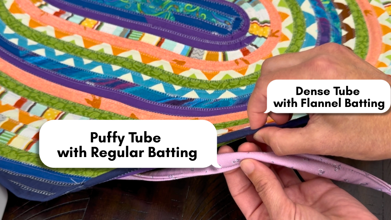 Comparison of jelly roll rug tube made with batting versus flannel