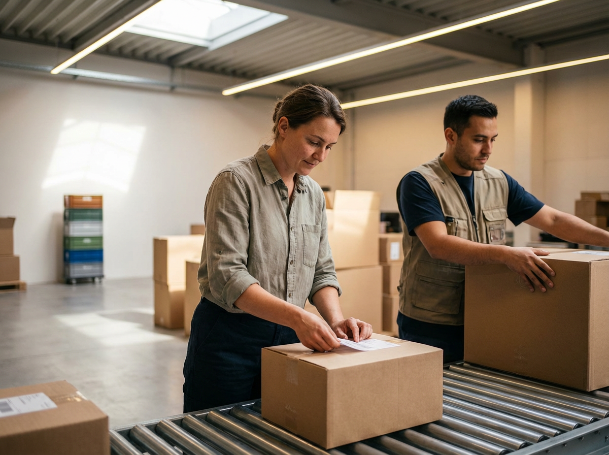 Two people working with cardboard boxes in a warehouse, one woman and one man, both focused on their tasks.