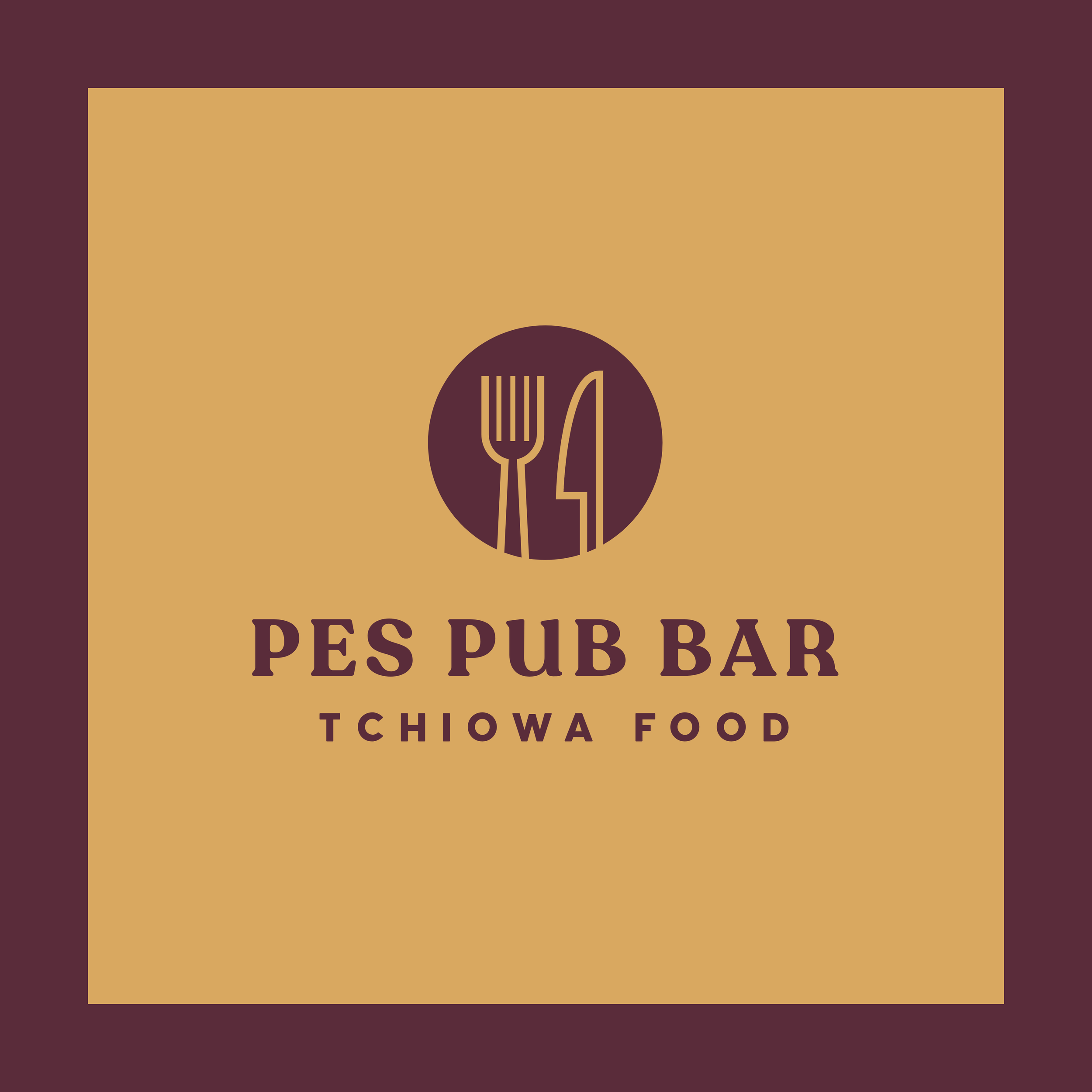 A beige and dark maroon restaurant menu cover with the text 'RESTURANT PES PUB BAR TCHOWA FOOD' and a circular icon featuring a fork and knife.
