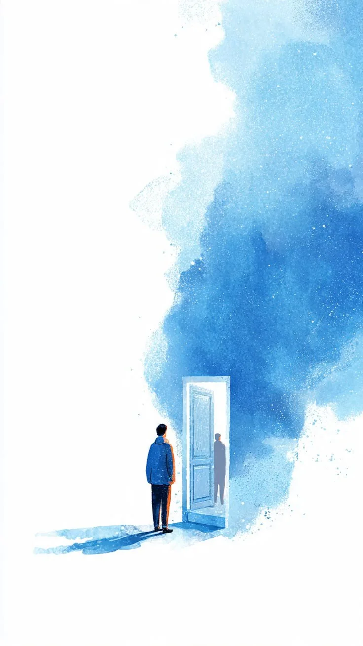 A person standing outside looking at a door opening into a bright, blue, abstract space.