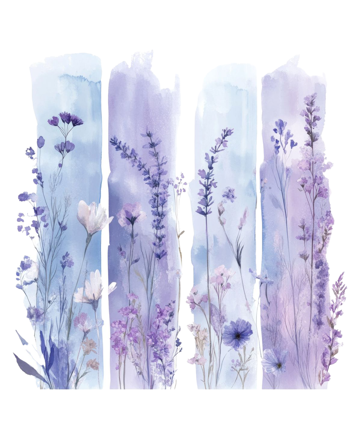 Watercolor painting of purple and blue wildflowers on tall, vertical, peeled paint backgrounds.