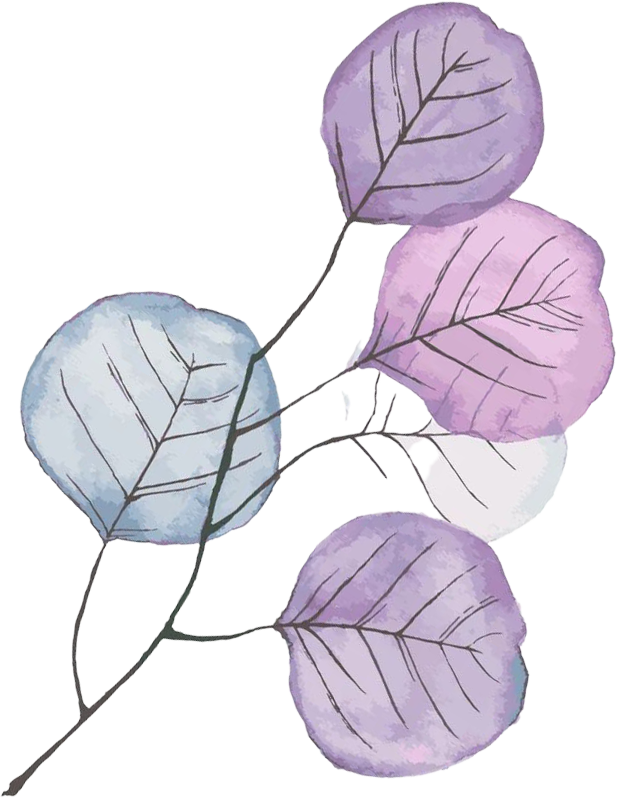 Watercolor illustration of five purple and blue leaves with visible veins on a black background.