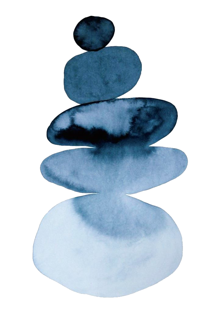 Watercolor painting of five stones stacked vertically, from small to large, in shades of blue and gray.