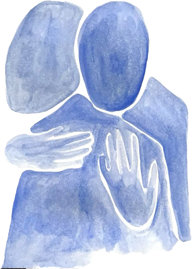 Watercolor illustration of two faceless figures embracing, one with a hand on the other's shoulder.