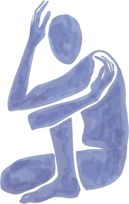 Abstract art depicting a human figure in a crouching position, painted in shades of blue, with an oval head and elongated limbs.