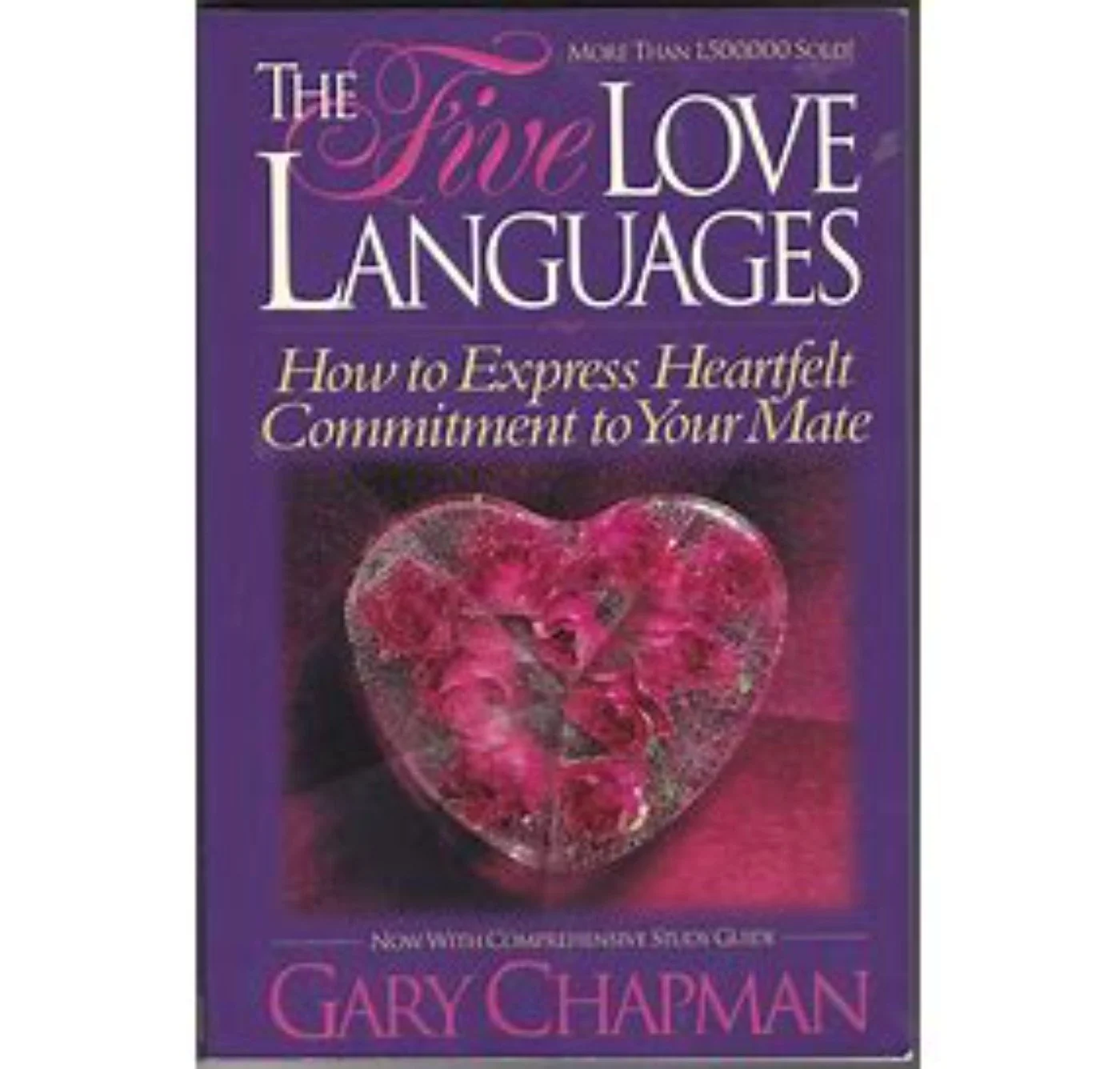 Book cover titled "The Five Love Languages: How to Express Heartfelt Commitment to Your Mate" by Gary Chapman. The cover features a pink, glittery heart with a pink ribbon inside, set against a purple background.