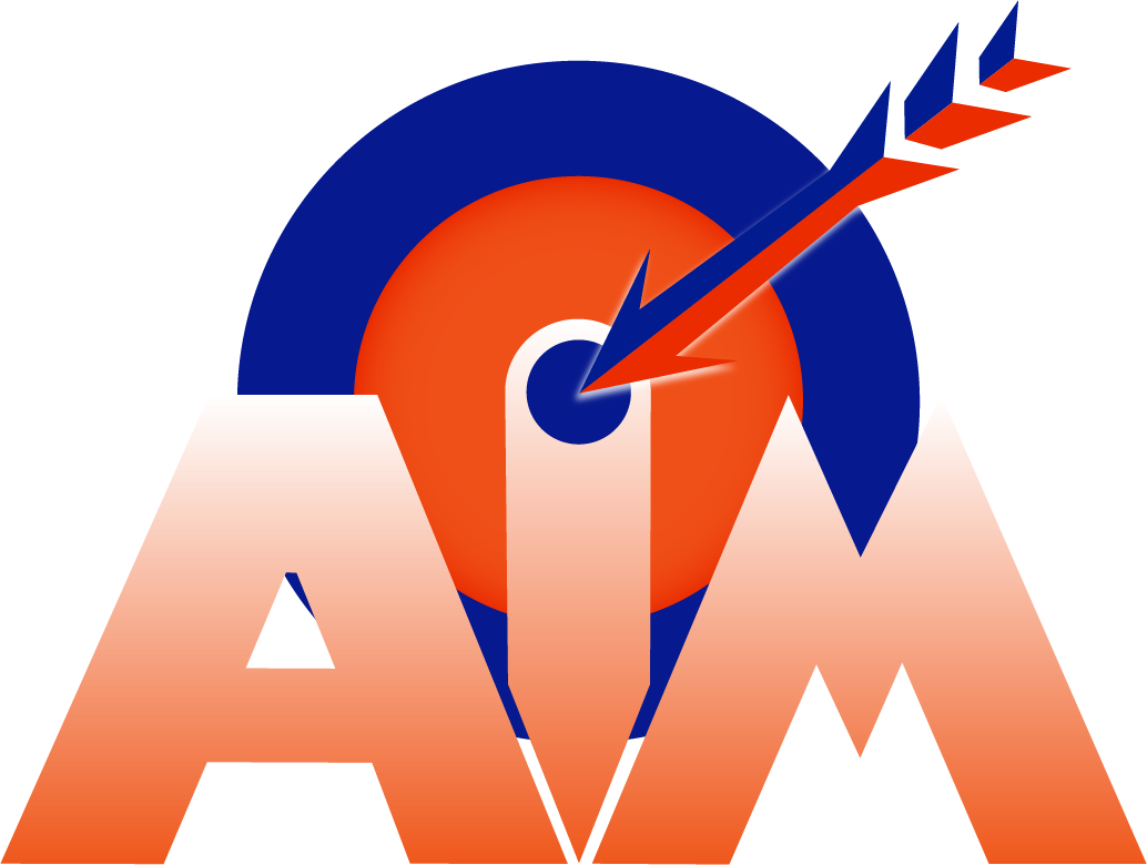 AIM LOGO The design uses bold colors, including blue, orange, and white.