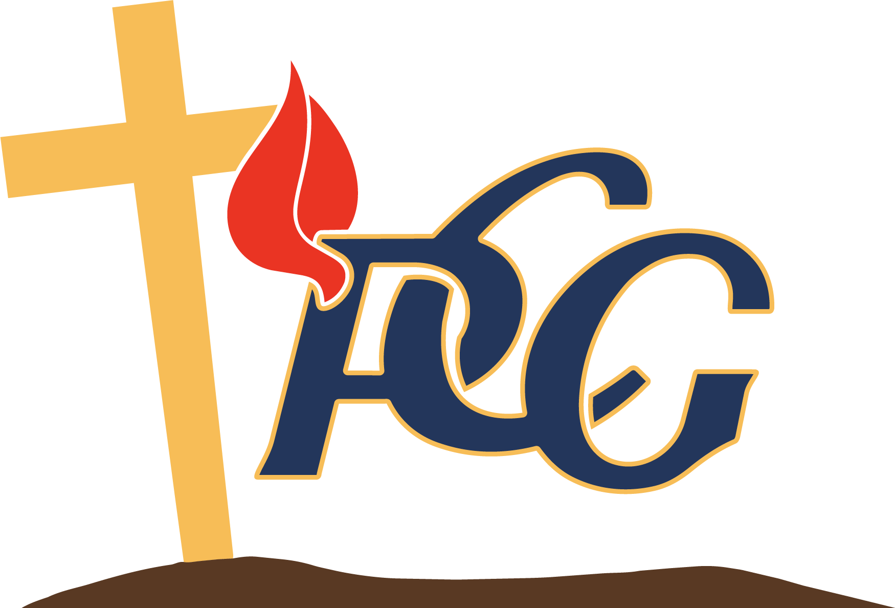 A stylized logo with a yellow cross, a red flame, and the letters V, A, and C, outlined in gold, on a black background, with a brown ground beneath.