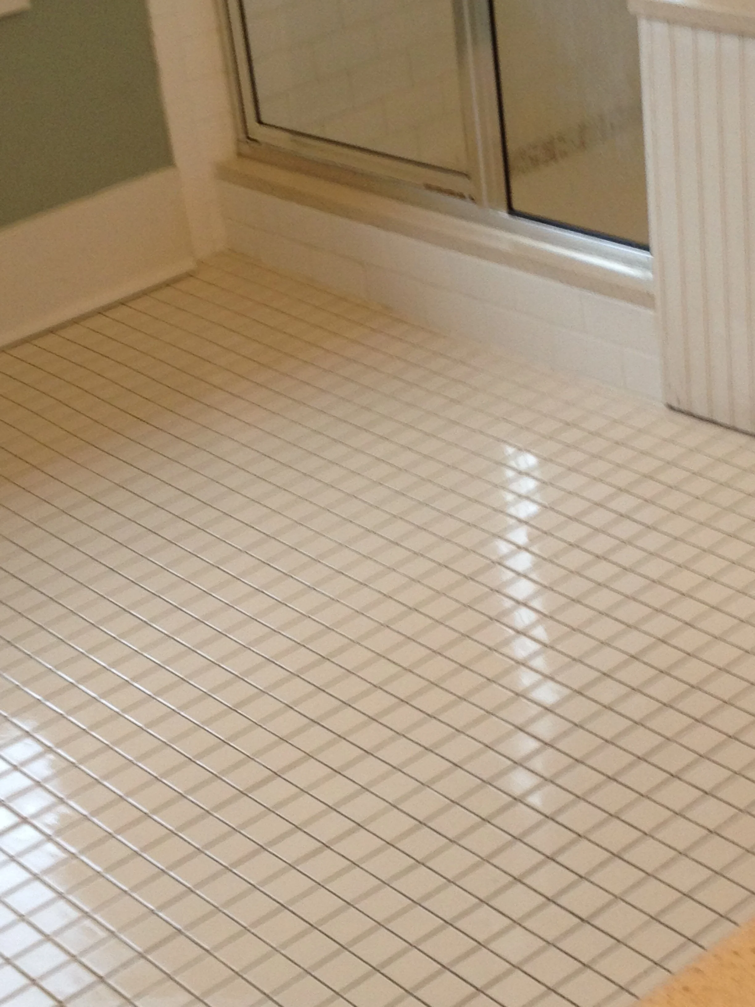 A bathroom floor with small beige square tiles and a glass shower door with a metal frame.