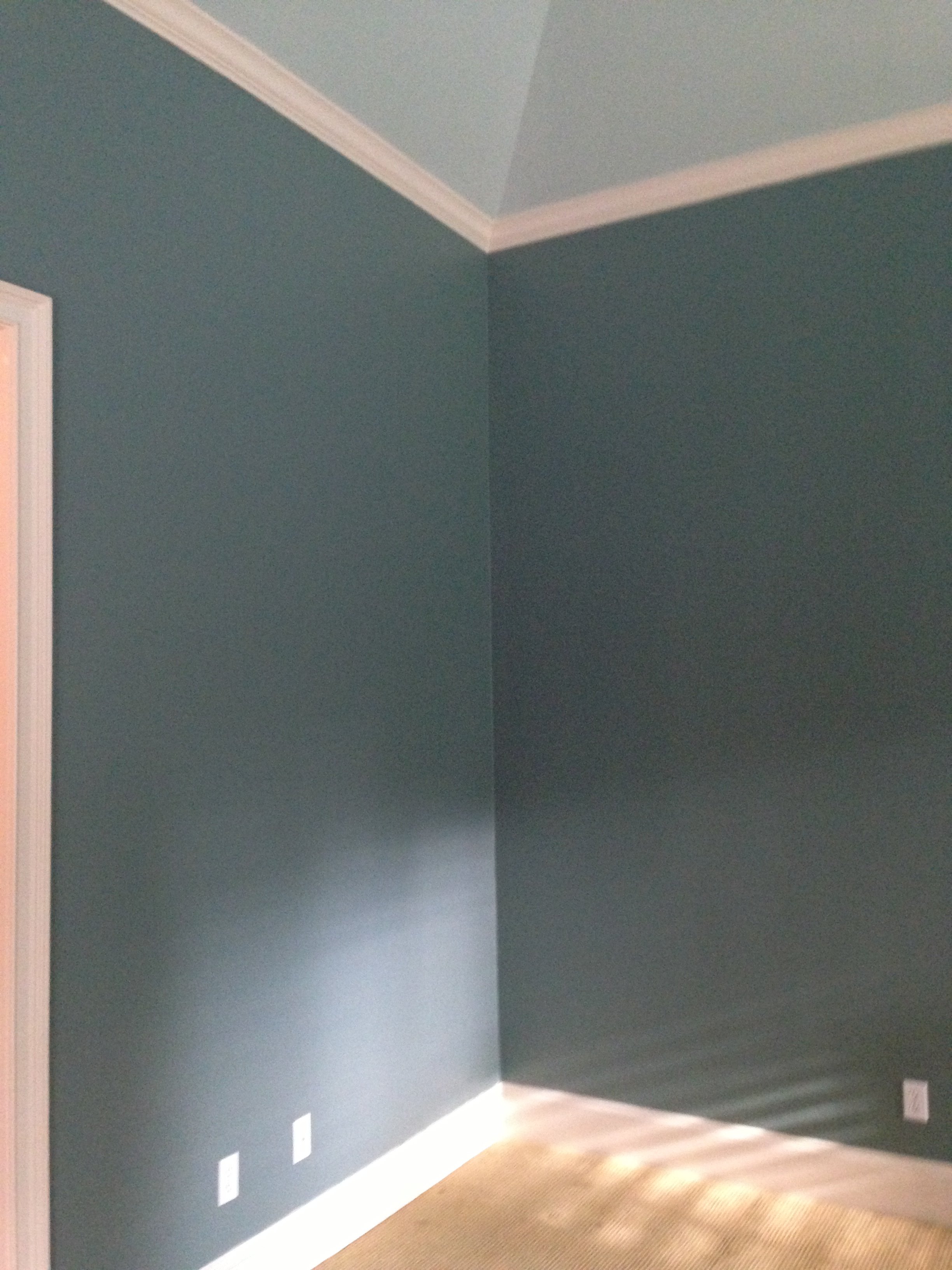 Empty room with green walls, white baseboards, and electrical outlets on the wall. Carpeted floor and corner of the room visible.