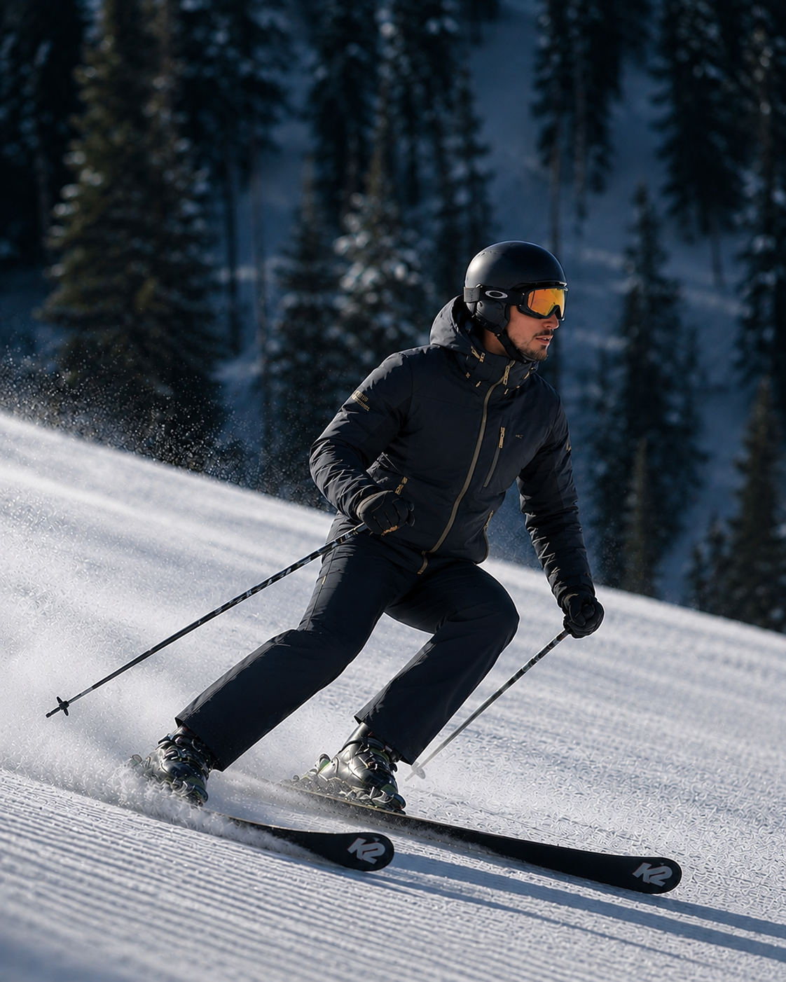 A man in ski gear, including a black helmet and ski goggles, skiing down a snowy slope with snow-covered trees in the background.