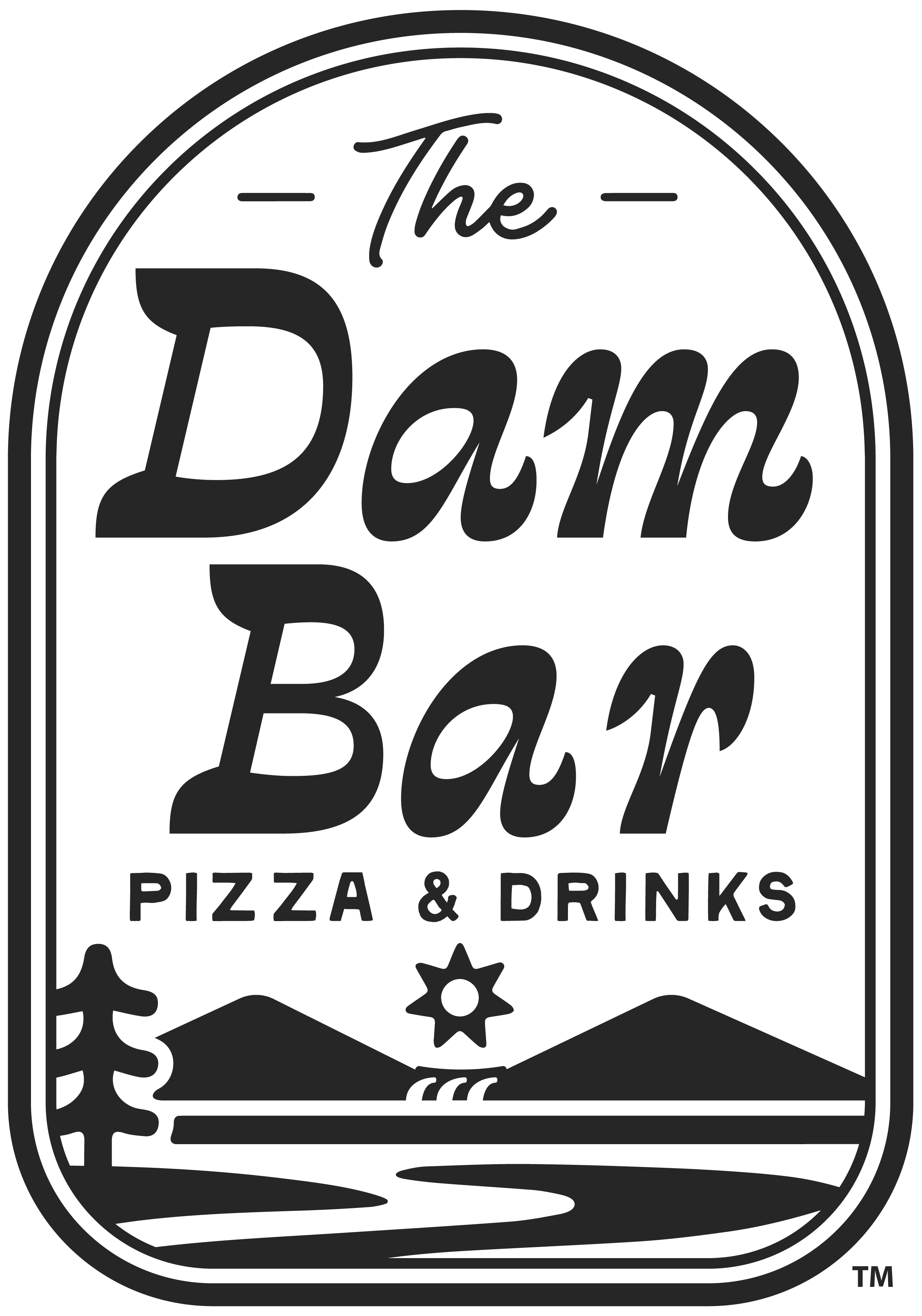 Black and white logo for The Dawn Bar, featuring stylized text "PIZZA & DRINKS" and decorative elements such as a star and abstract shapes.