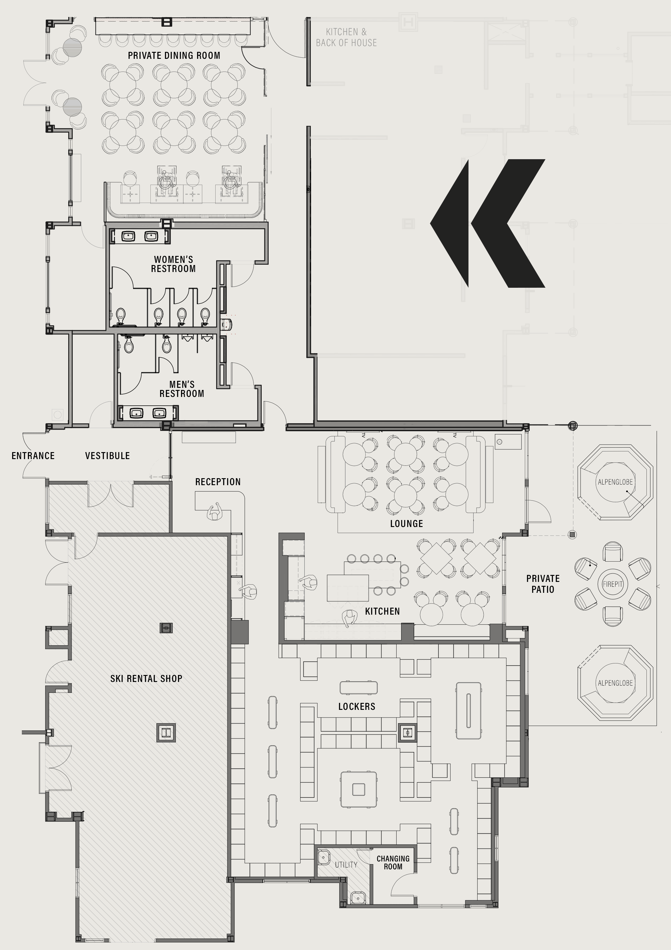 Floor plan of a building showing various rooms including ski rental shop, lockers, changing room, kitchen, lounge, private patio, women's and men's restrooms, and a reception area.