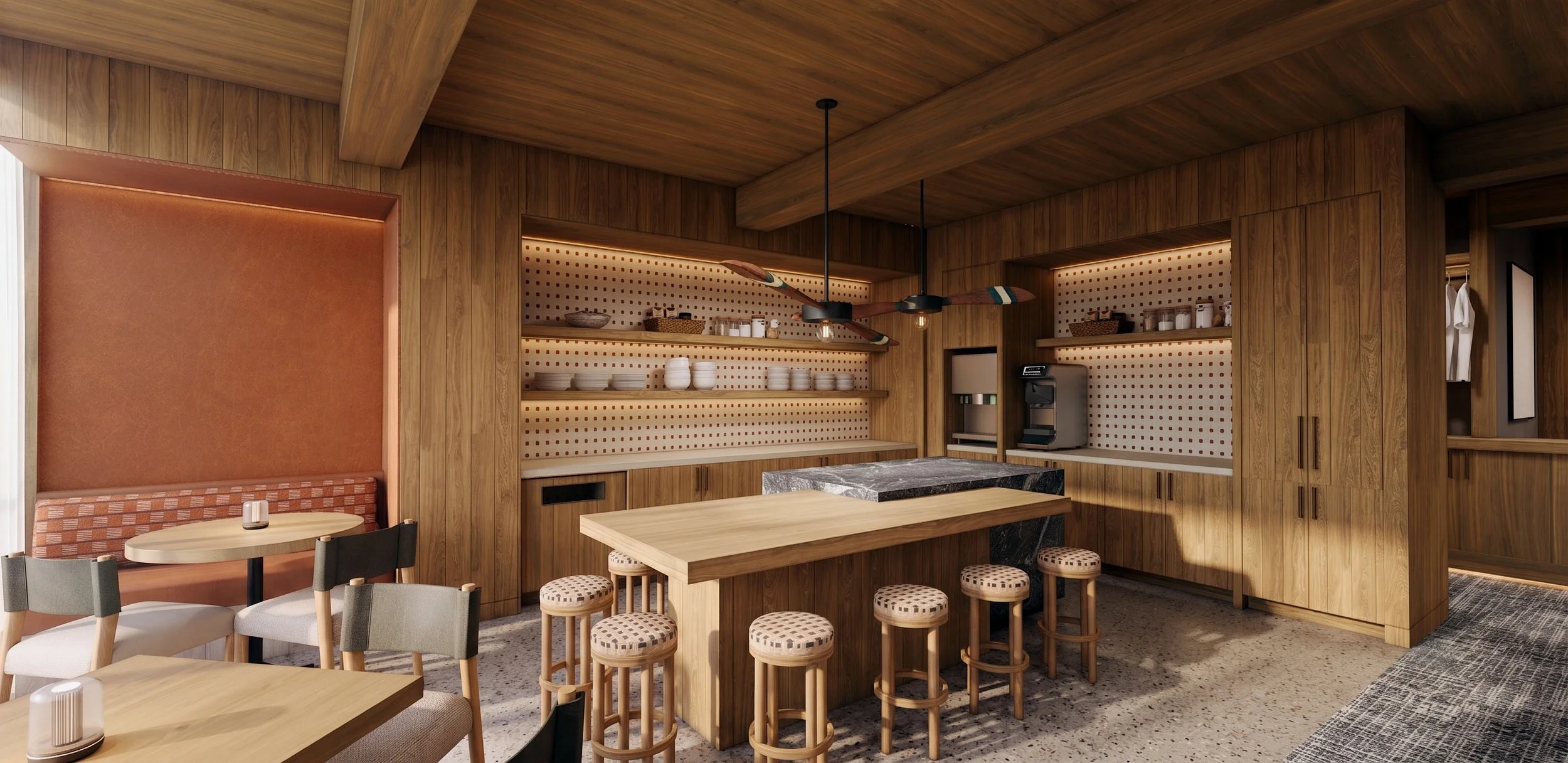 A modern kitchen restaurant with wooden paneling, open shelving with dishes, a granite island, and a coffee machine, with seating including bar stools and chairs.