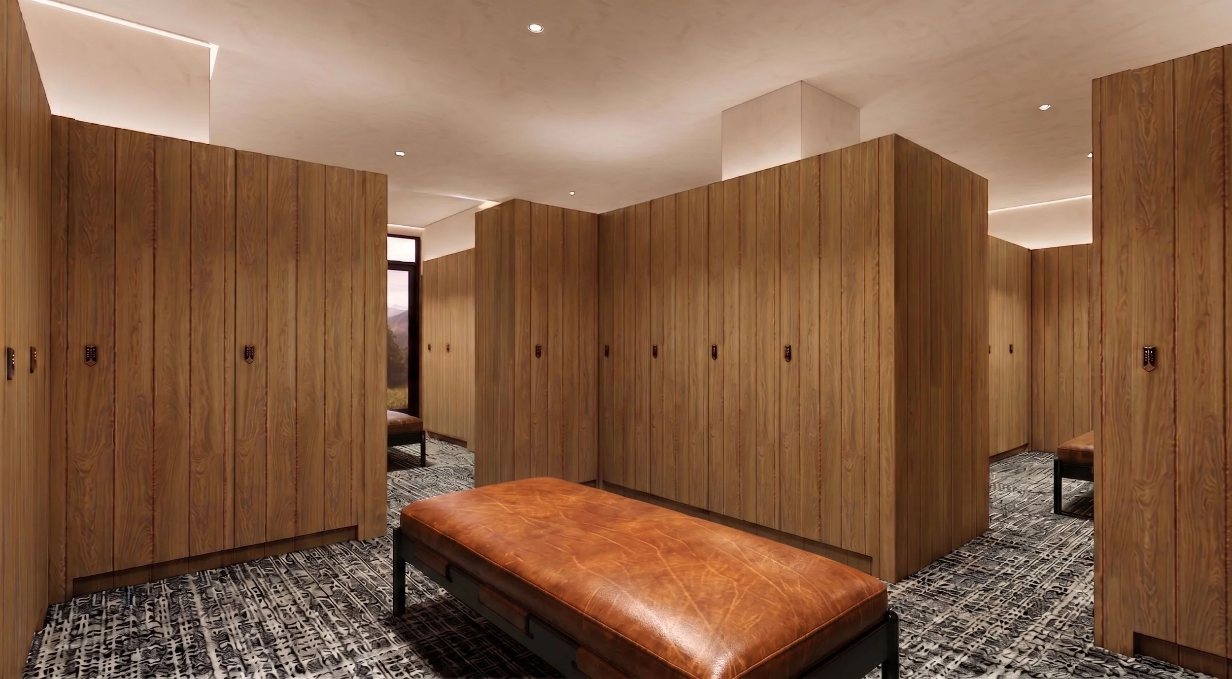 A modern locker room with wooden lockers, benches, and a patterned carpet. The room has ceiling lights and a window with a view of mountains in the distance.