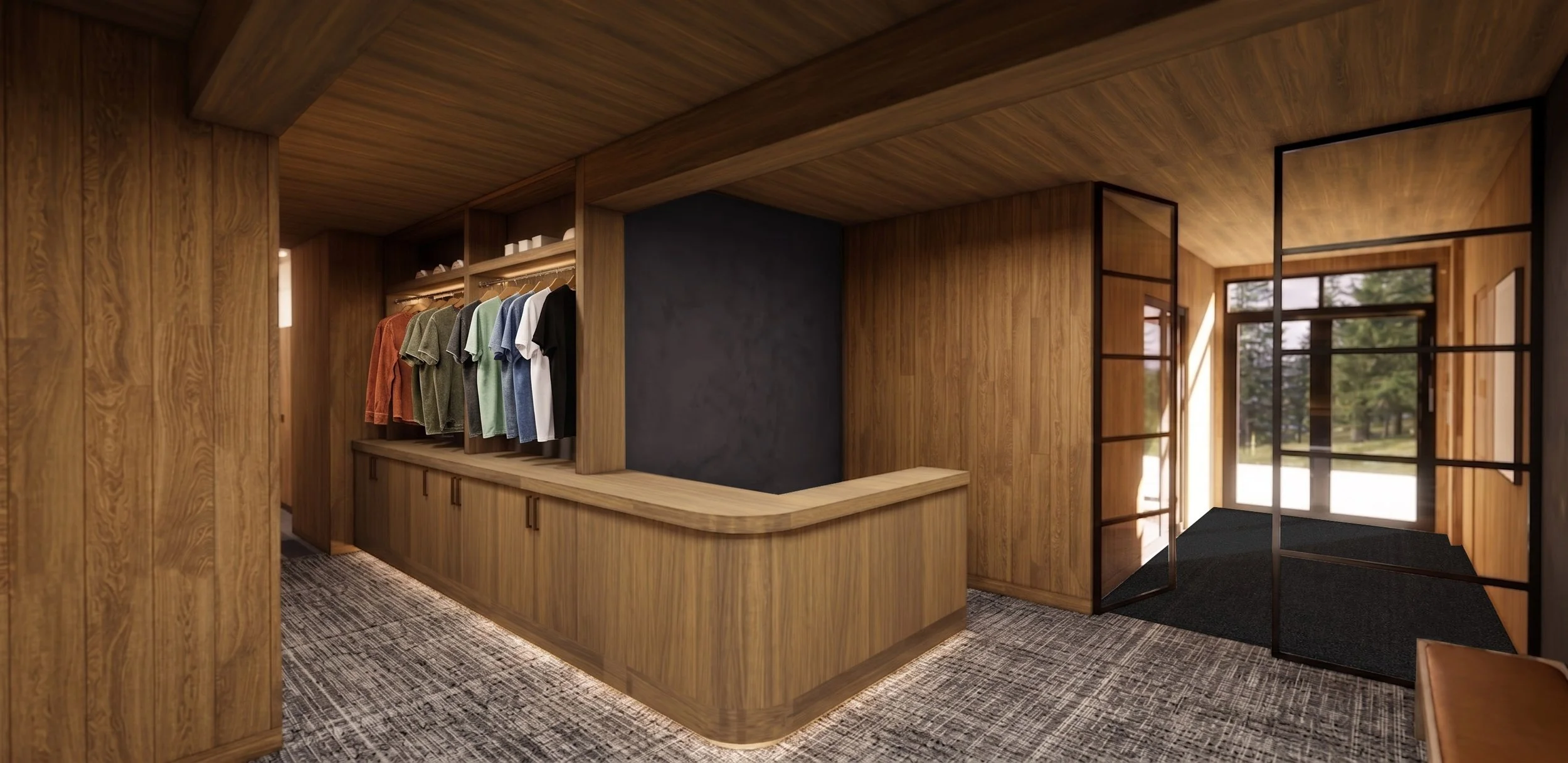 Interior view of a wooden modern clothing store with a rack of colorful T-shirts, wooden cabinetry, a doorway with glass panels, and large windows showing an outdoor scene.