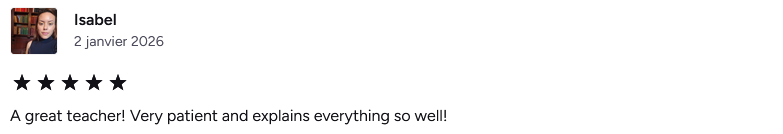 An online review by the author Isabel dated January 2, 2026, with a five-star rating, praising a very patient teacher who explains things clearly.