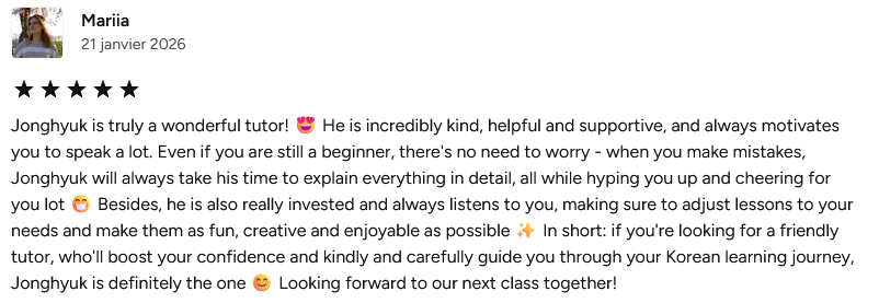 An online review of a Korean tutor named Jonghyuk, praising his teaching skills, patience, expertise, and support for students.