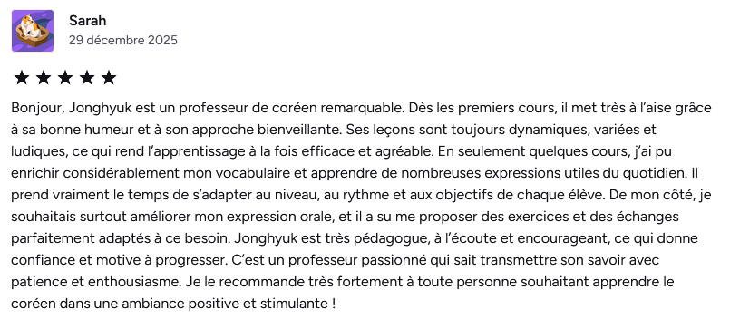 Positive reviews of Jonghyuk, a Korean teacher, highlighting his teaching methods, his caring approach, and his effectiveness.