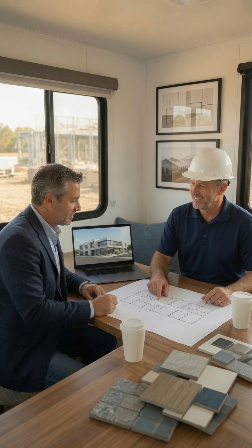 Two men sitting at a table having a discussion, one in a suit and the other wearing a hard hat. The man with the hard hat is pointing at architectural plans. There is a laptop displaying a building design and samples of tile or material on the table. They are inside a room with large windows looking out at a construction site.