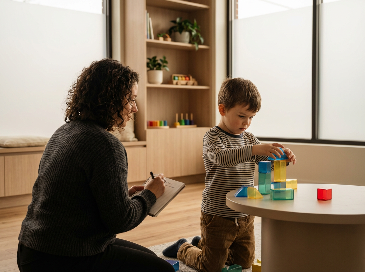 A young boy playing with colorful building blocks on a round table, while a woman kneels beside him, taking notes in a notepad.