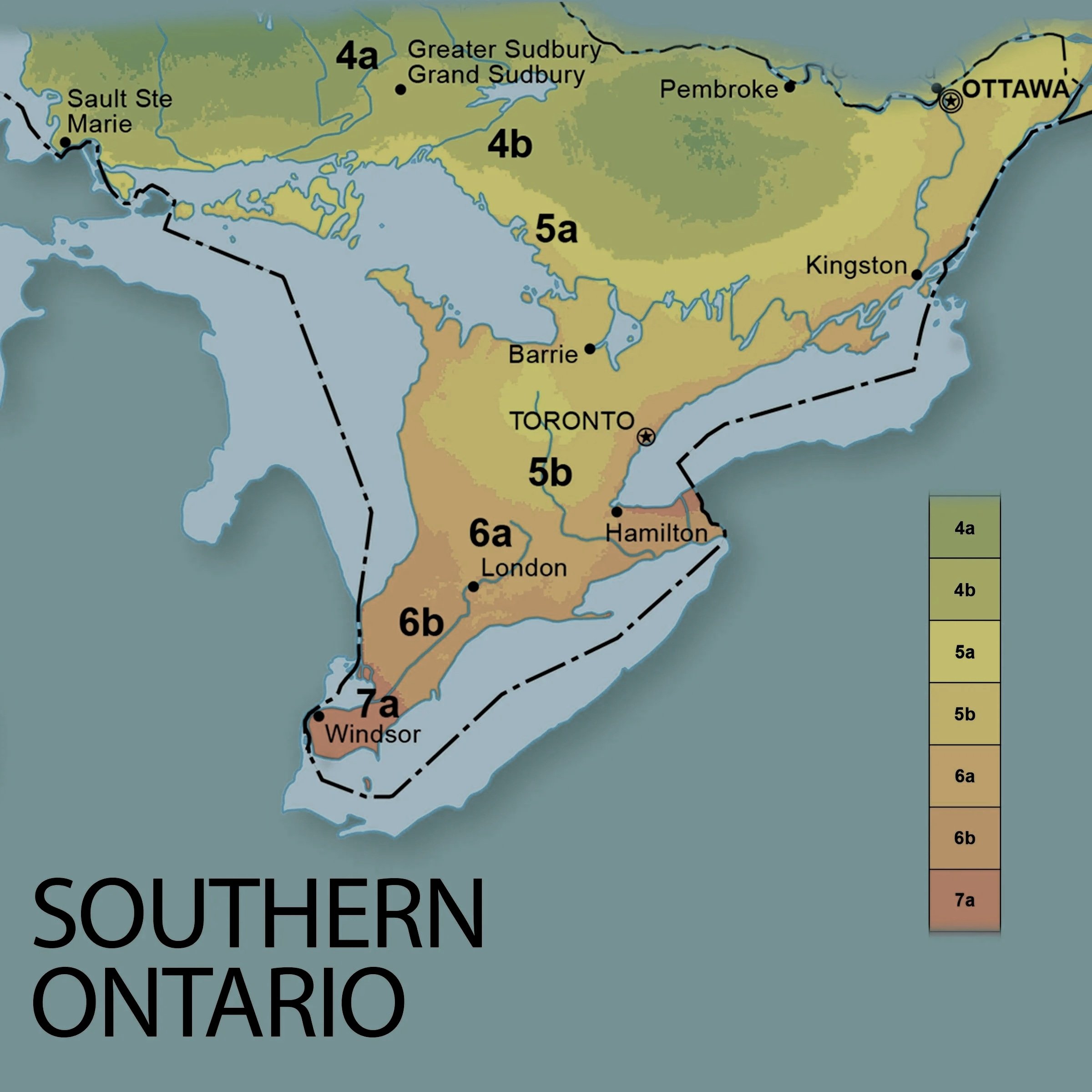 Map of southern Ontario showing the NRCan Garden Zones