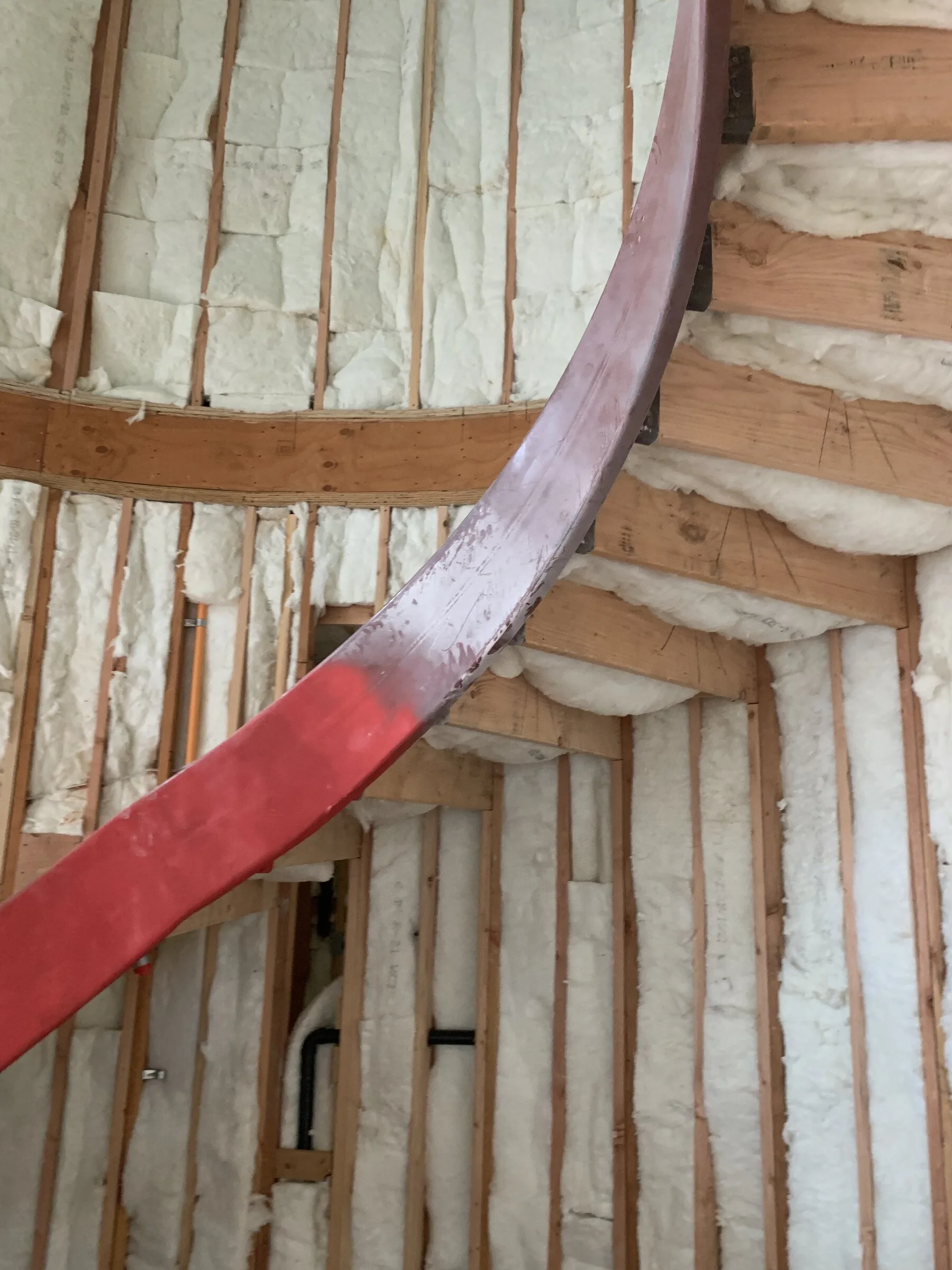 [new-construction] Curved laminated stringer framing for a custom staircase in a Los Angeles home