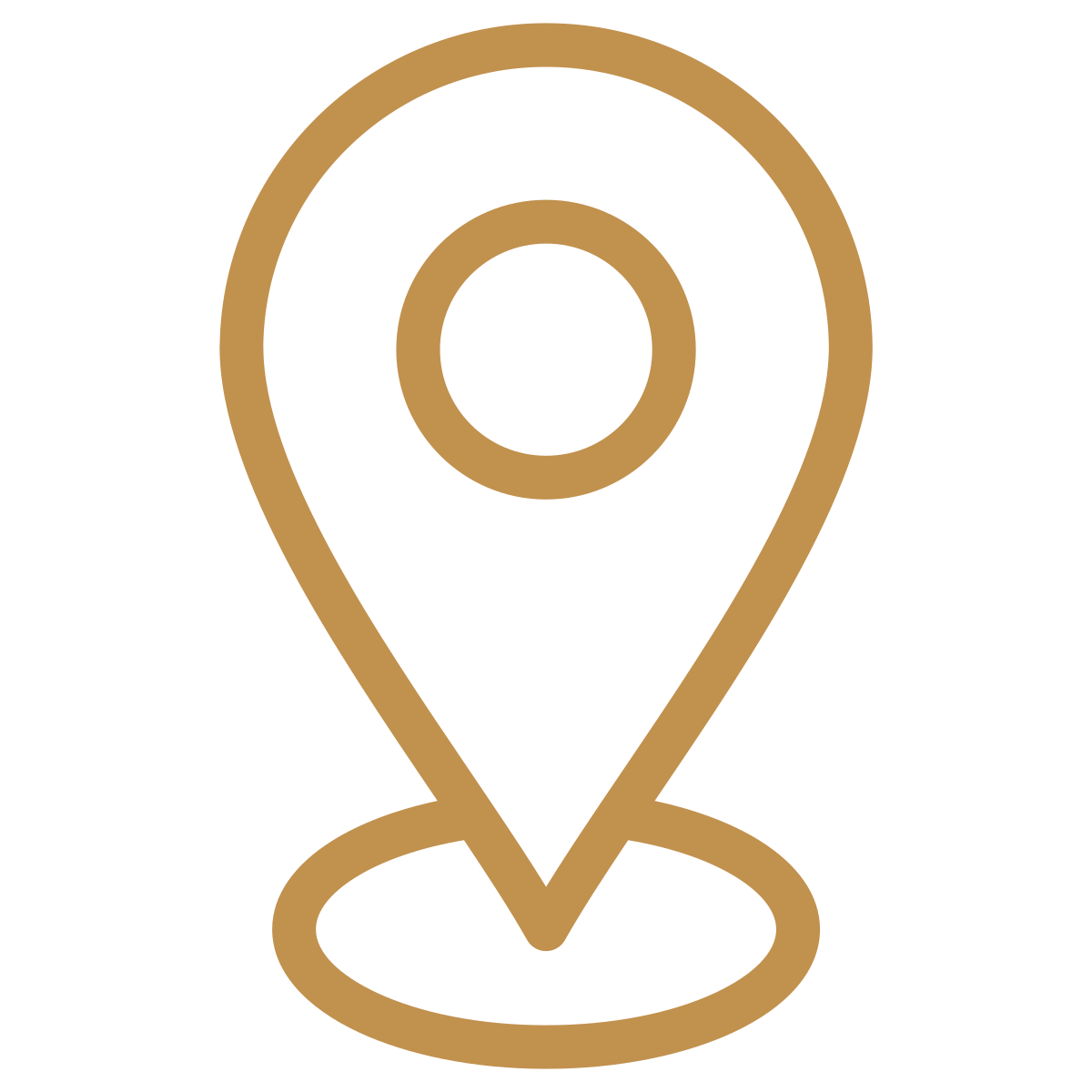 Gold outline map pin icon on a black background