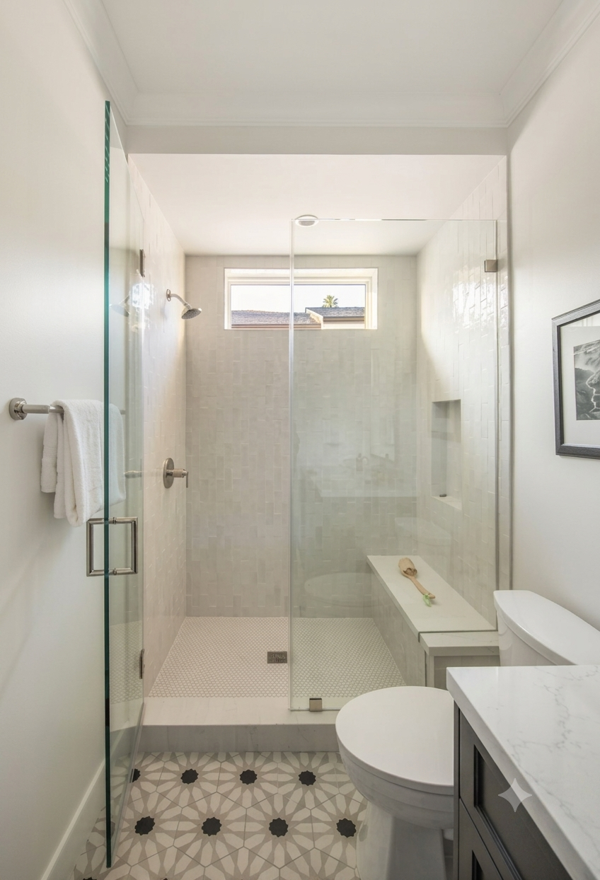[bathroom-remodeling] Bathroom with glass walk-in shower, patterned floor tile, and marble vanity, Brentwood custom home