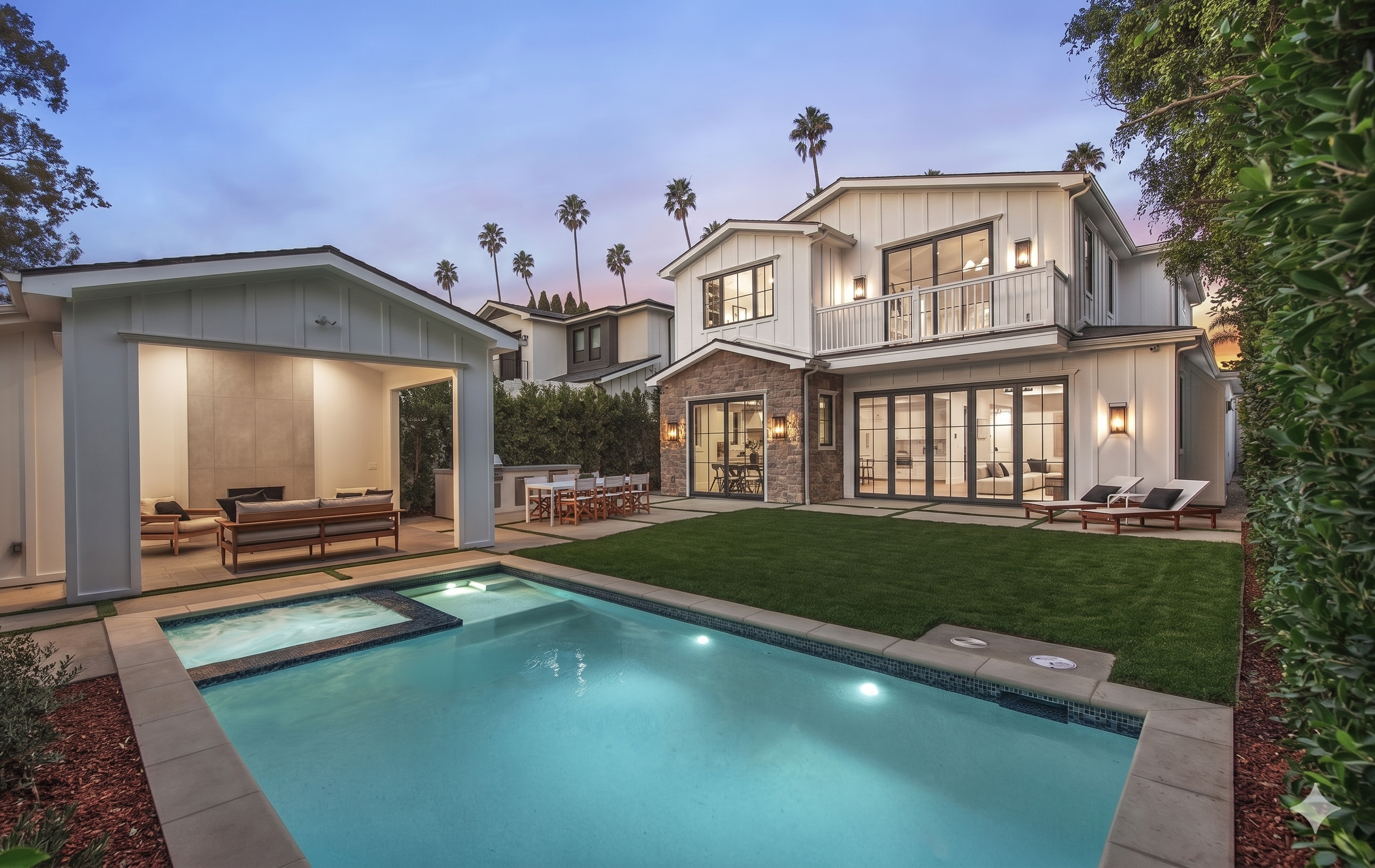 Backyard with pool, spa, pool house, outdoor kitchen, and lawn at a Brentwood custom home