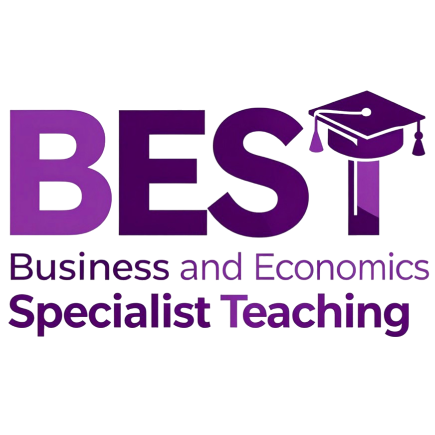 Text reading 'BEST' with a graduation cap and diploma on a purple background, and additional text 'Business and Economics Specialist teaching' at the bottom.