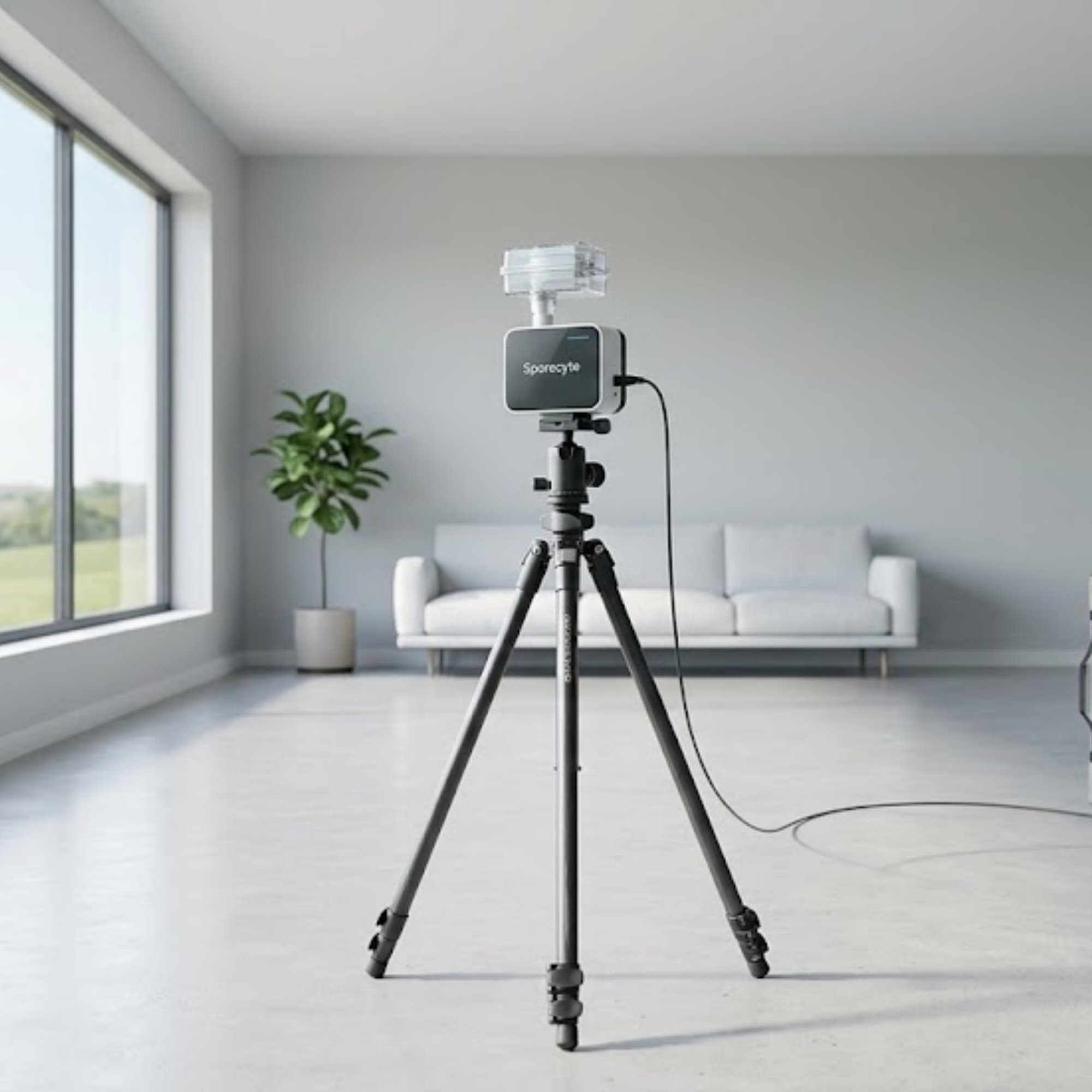 Sporecyte air quality sampling pump on a tripod performing a professional mold inspection in a clean residential home