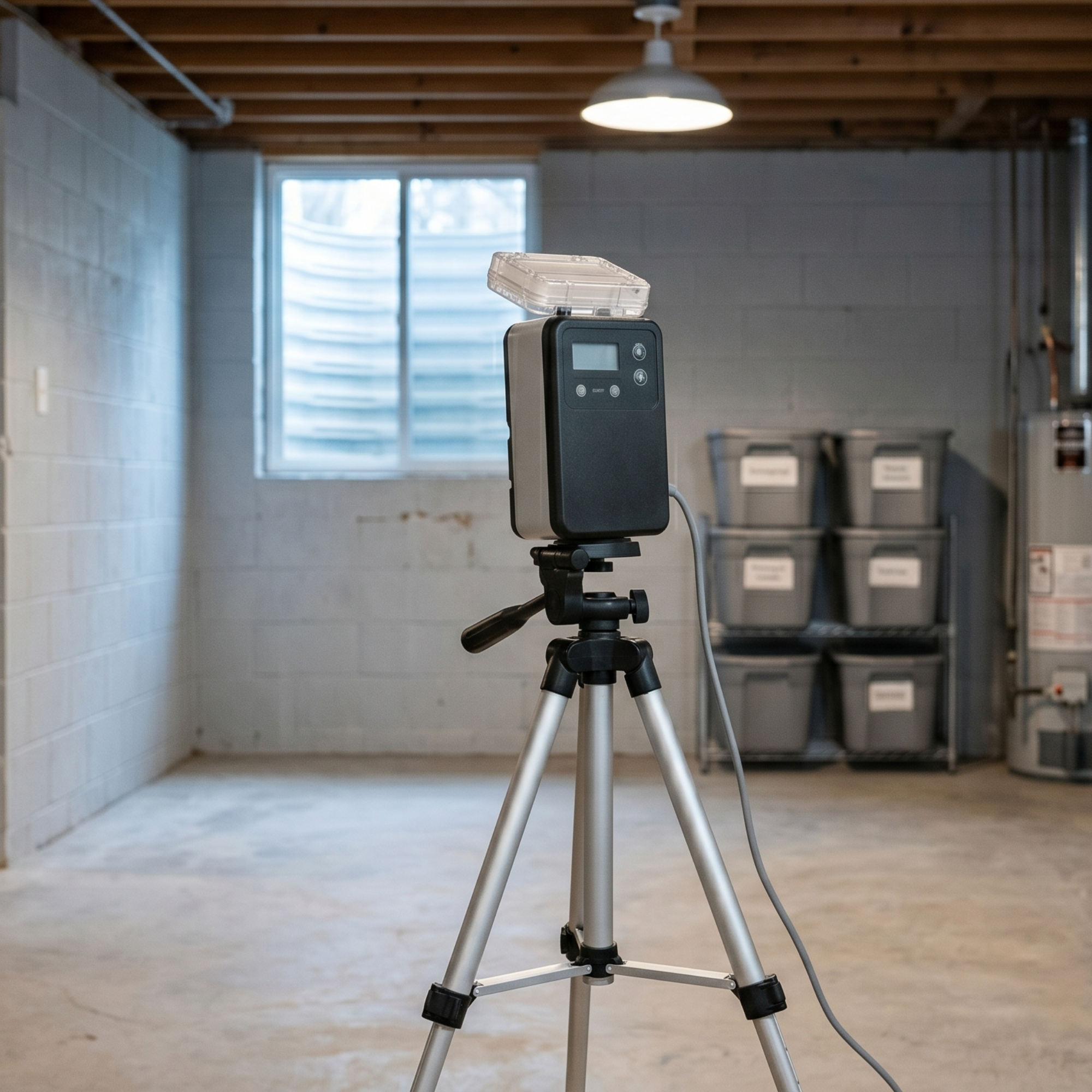 A air quality and mold spore tester on a tripod testing air for mold.
