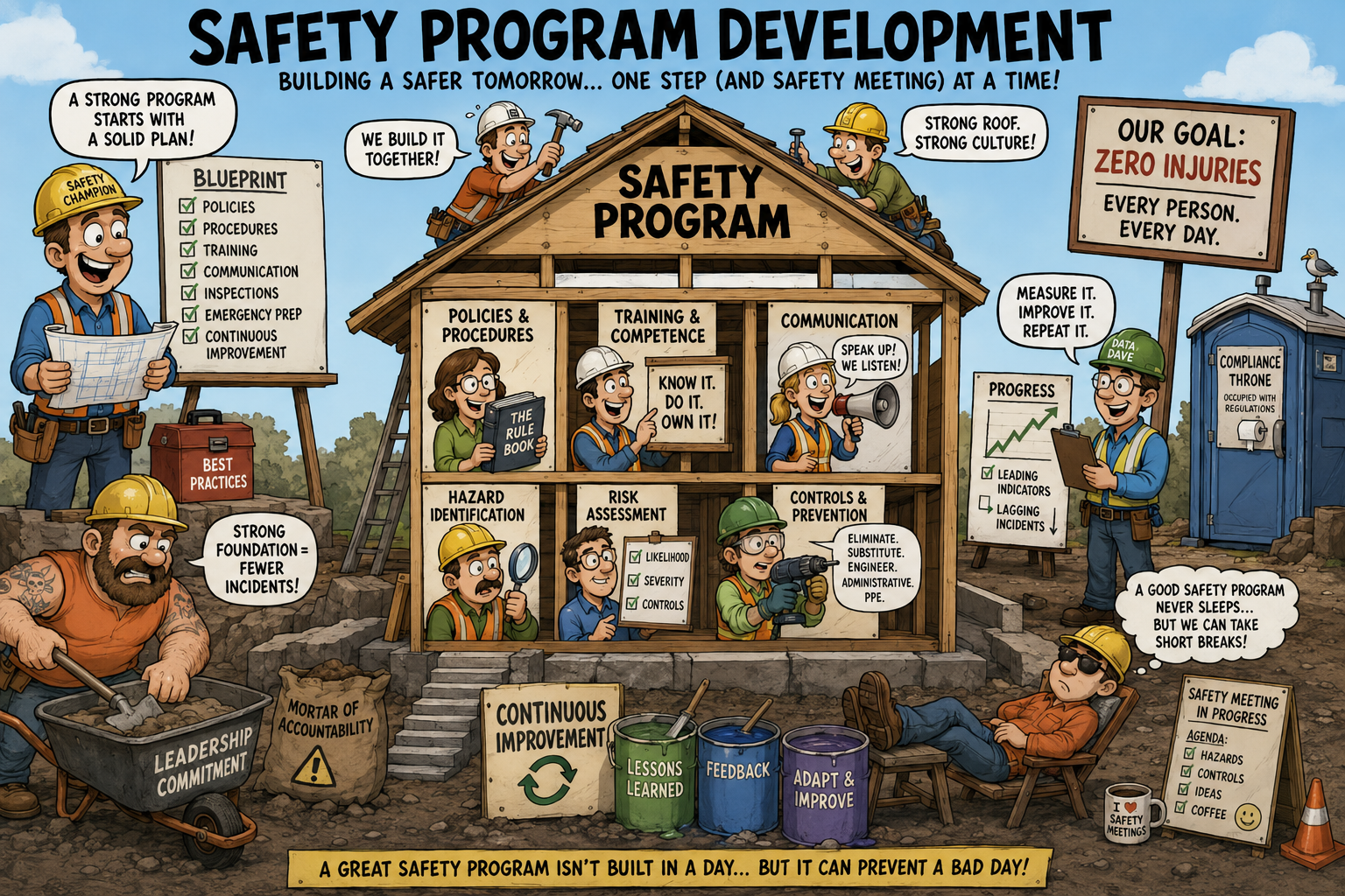 A colorful illustration of a safety program development scene at a construction site. It features workers and supervisors discussing policies, procedures, training, communication, hazard identification, risk assessment, and controls. The scene emphasizes safety leadership, continuous improvement, and a goal of zero injuries.
