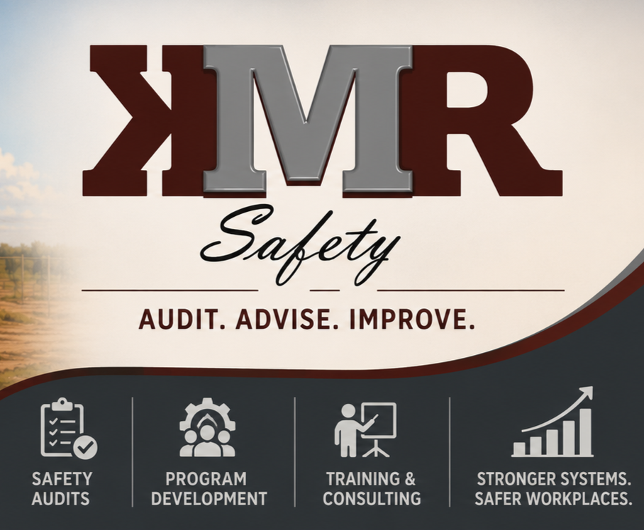 A safety service logo featuring the text 'KMR Safety' with the tagline 'Audit. Advise. Improve.' and icons representing safety audits, program development, training and consulting, and stronger systems for safer workplaces.