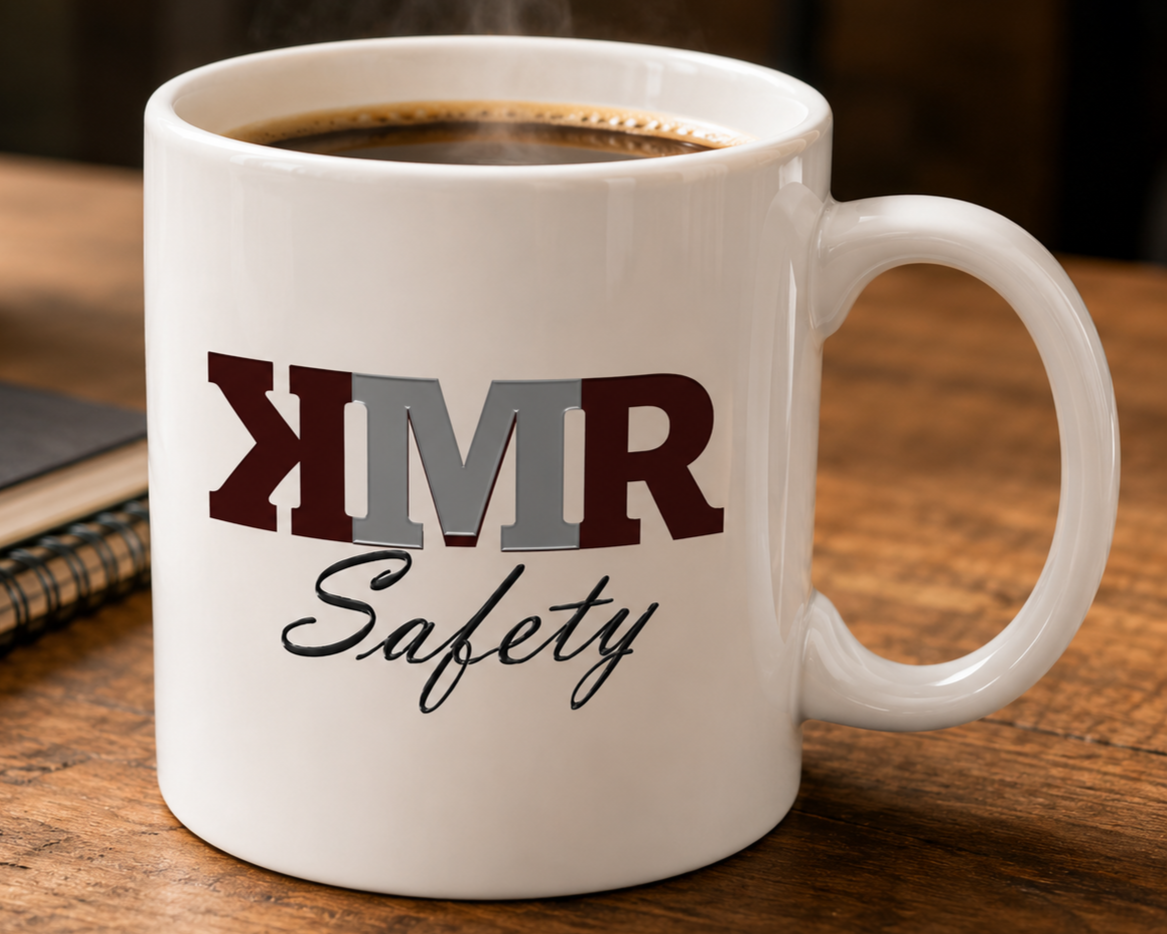 White coffee mug with 'MR Safety' logo, filled with coffee, on a wooden table.