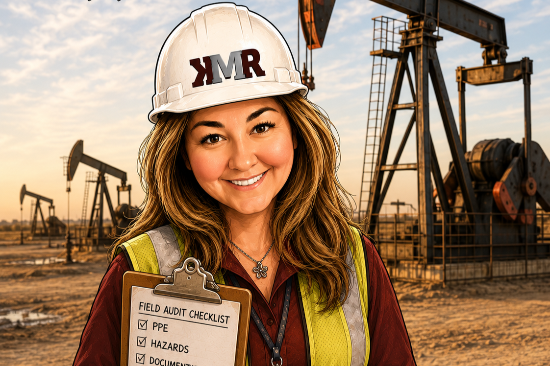 A smiling woman wearing a hard hat with 'YMR' written on it, a safety vest, and holding a field audit checklist. In the background, there are oil pumps at an oil field during sunset.