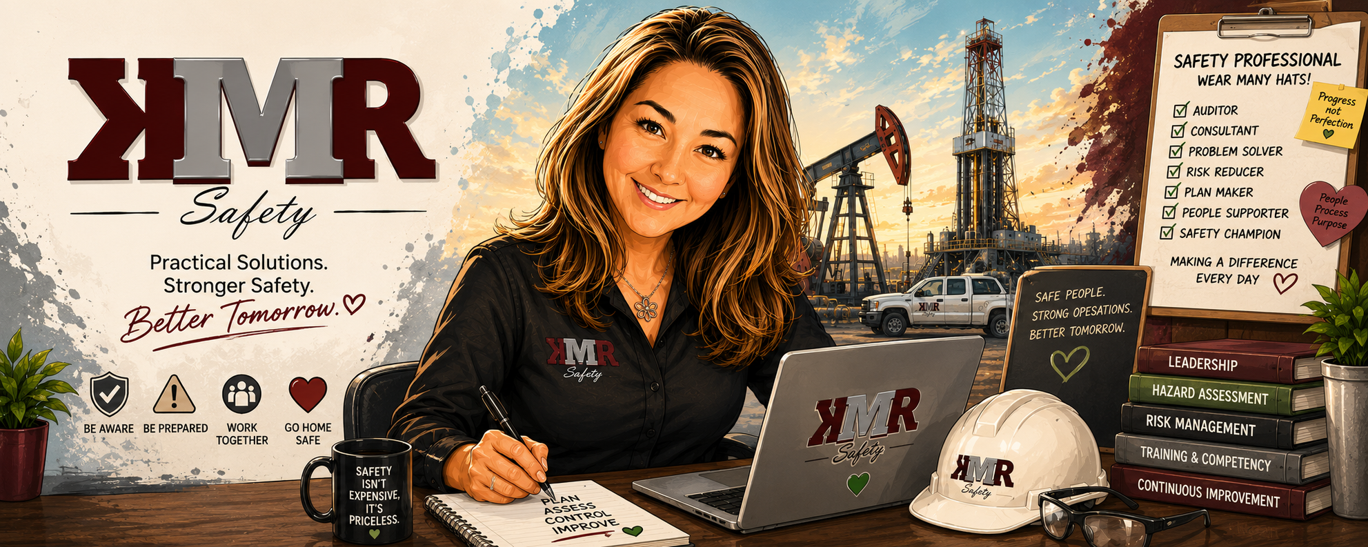A woman sitting at a desk in front of a safety-themed graphic with oil drilling rigs in the background. She is smiling and wearing a black shirt with a logo that reads "YMR Safety". On the desk are a laptop, a mug with safety message, a hard hat, glasses, and a notebook. Behind her, a whiteboard lists safety professional qualities, and there are plants and safety books on the desk.