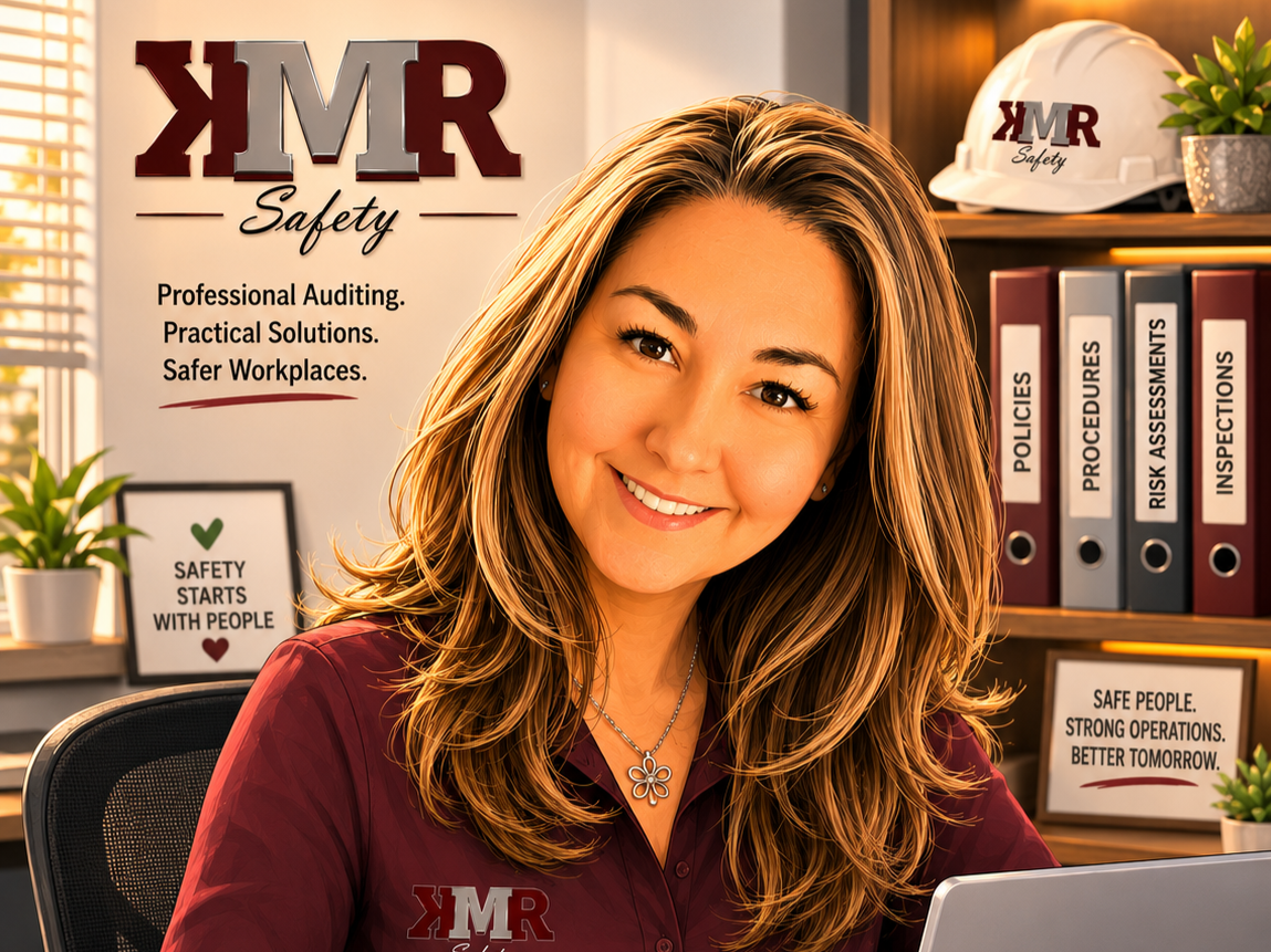 A smiling woman wearing a maroon shirt with the logo 'YMR Safety' sits at her desk in an office decorated with safety-related signs and binders. A white safety helmet with the same logo and a potted plant are visible on the bookshelf behind her.