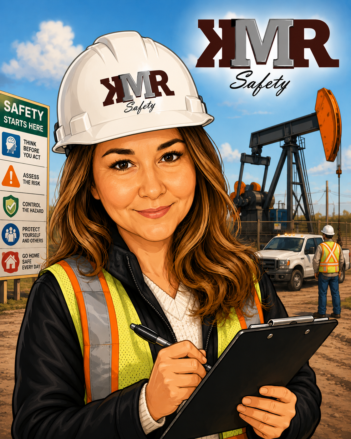 A woman wearing a safety helmet and reflective vest at an oil drilling site, holding a clipboard, with another worker and oil rigs in the background, and a safety info sign on the left.