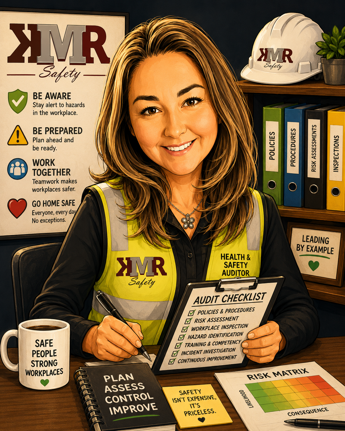 A smiling woman wearing a safety vest and a black shirt, sitting at a desk with safety documents, a mug, and a pen. She holds an audit checklist with items like policies, risk assessment, workplace inspection, hazard identification, training, incident investigation, and continuous improvement. Behind her are safety guidelines on a bulletin board, binders labeled policies, procedures, risk assessments, inspections, a safety helmet, and a potted plant.