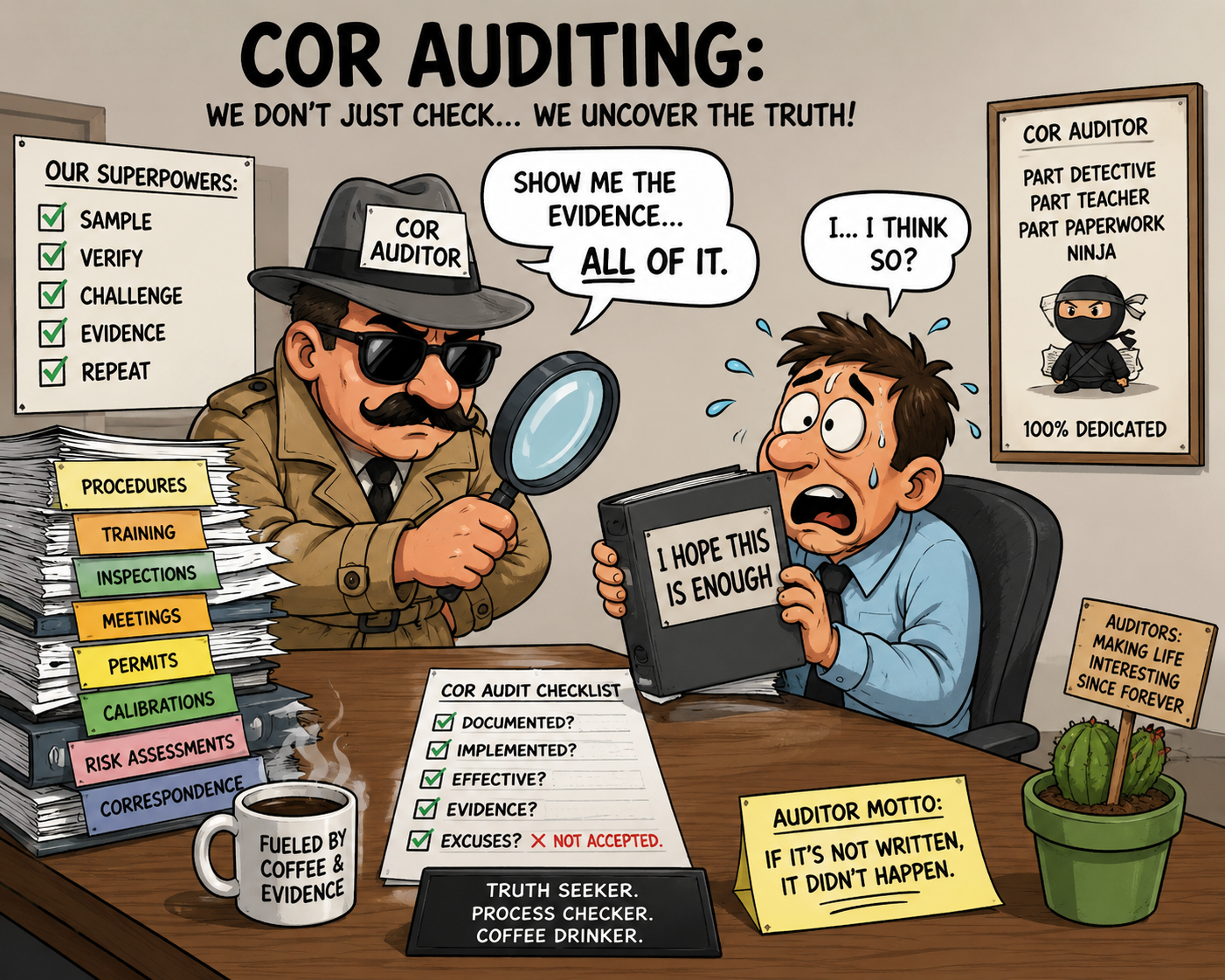 Cartoon illustration of a cor auditing scene with a stern auditor examining a stressed man holding a tablet. The scene includes inspection and audit checklists, a coffee mug, and humorous posters on the wall, emphasizing procedures, training, and verification.