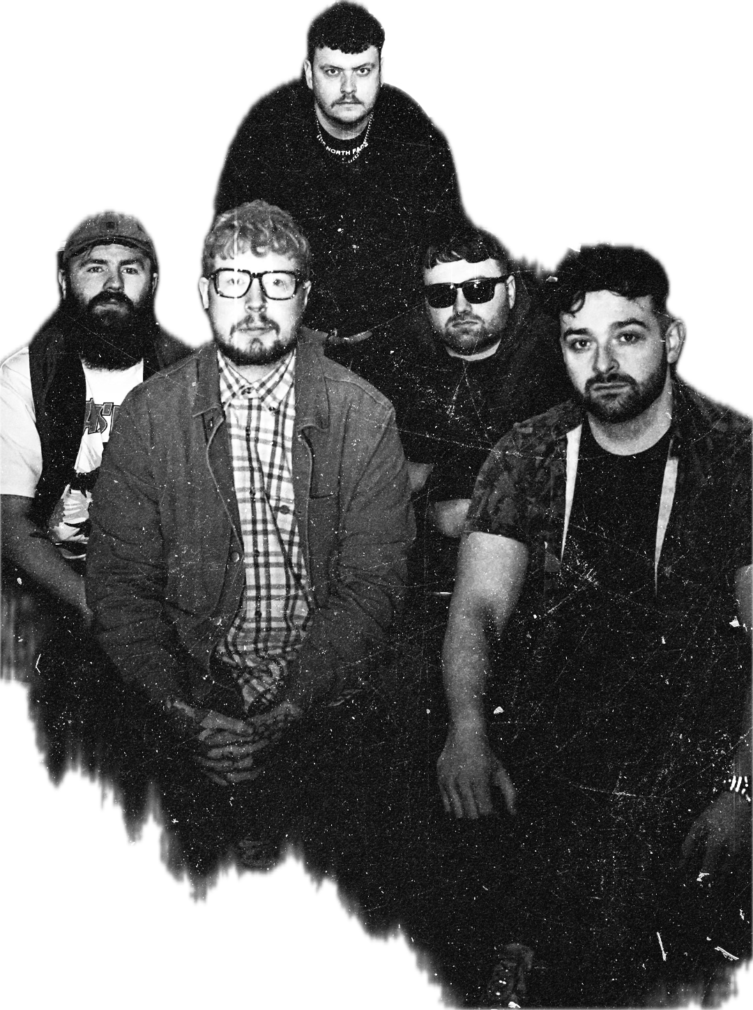 Black and white image of the 5 band members, all white males in their late twenties with facial hair.